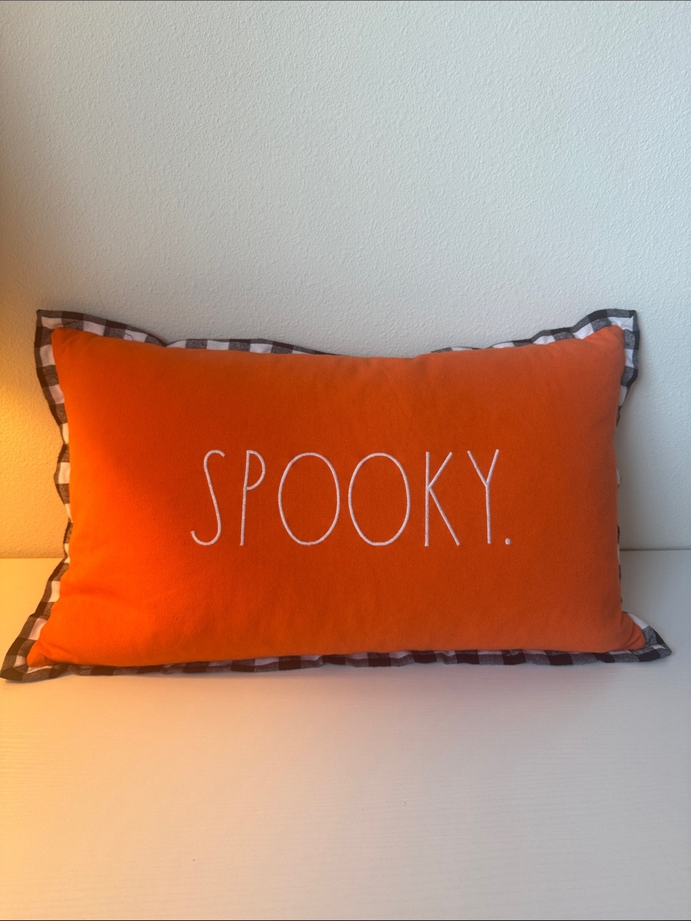 Rae Dunn Orange 'SPOOKY.' Pillow with Black & White Check Trim Halloween